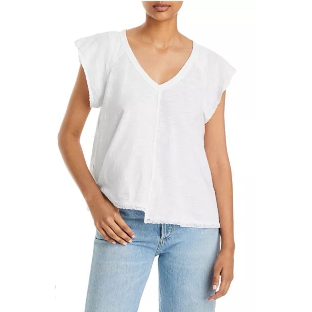 Wilt Women's Top Lace Trim Baby Tee Asymmetric Size XS White Flutter Sleeves